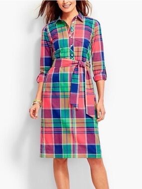 Talbots Madras Multicolor Plaid Shirtwaist Midi Dress 14P Preppy Classic EUC